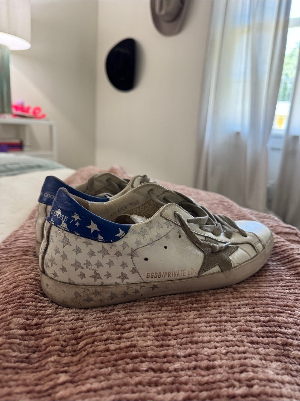 Golden Goose Superstar Sneakers in White and Blue with Star Print